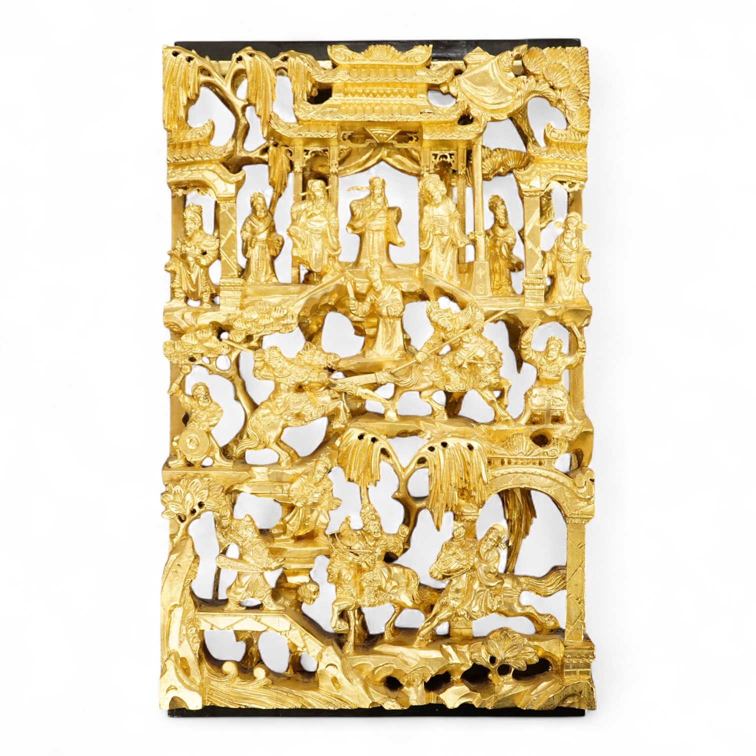 A Chinese carved gilt wood panel, depicting battle scenes, 50cm high
